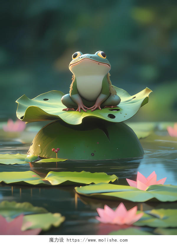 夏季皮克斯风格青蛙跳在荷叶上的场景